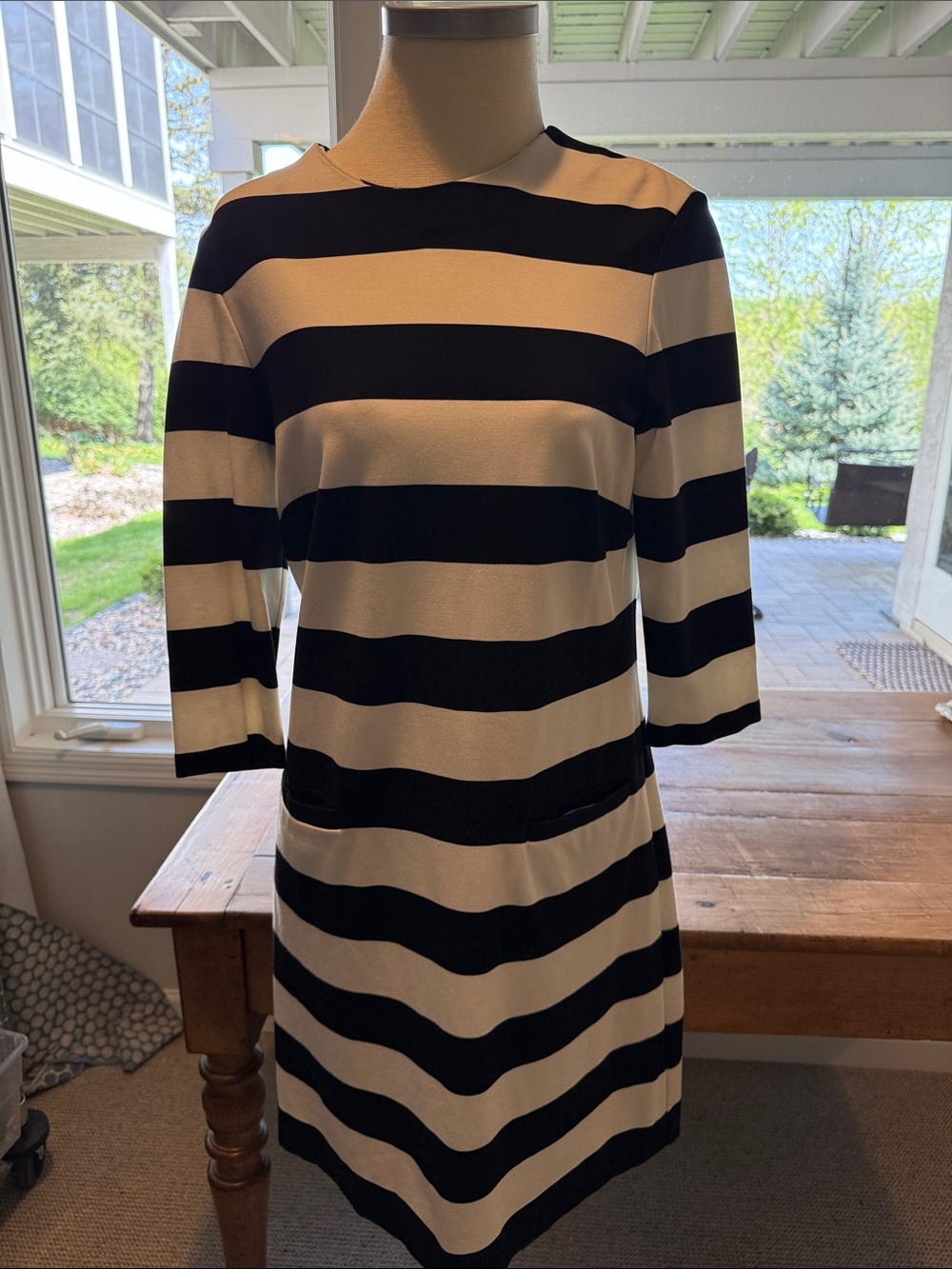 Black & White Striped Midi Dress with Three-Quarter Sleeves